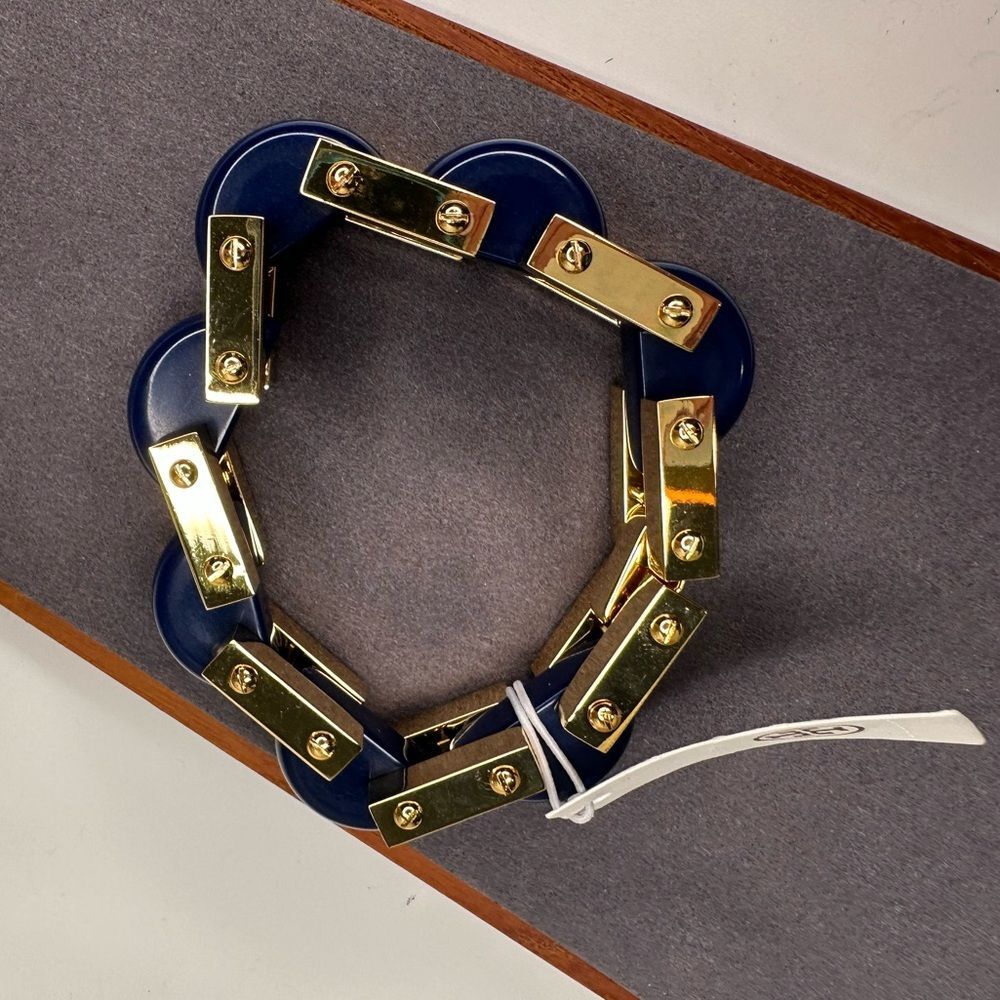 Tory Burch Logo Link Chunky Bangle Bracelet Blue Gold Enamel Chain NWT MSRP $299 - Picture 4 of 11